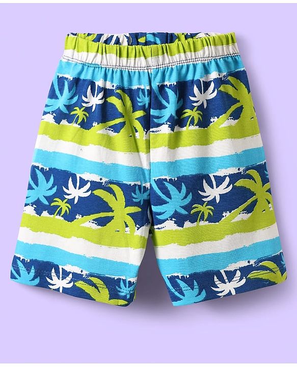 Babyhug Cotton Knit Half Sleeves Short Co-Ord Night Suit with Beach Theme Print - Green & Blue