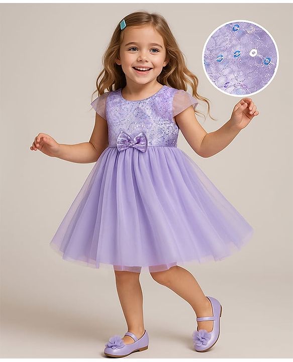 Babyhug Woven Cap Sleeves Party Dress with Sequin Detailing & Bow Applique - Lavender