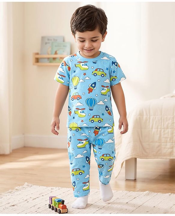 Babyhug Cotton Knit Half Sleeves Co-Ord Night Suit With Vehicle Print - Light Blue