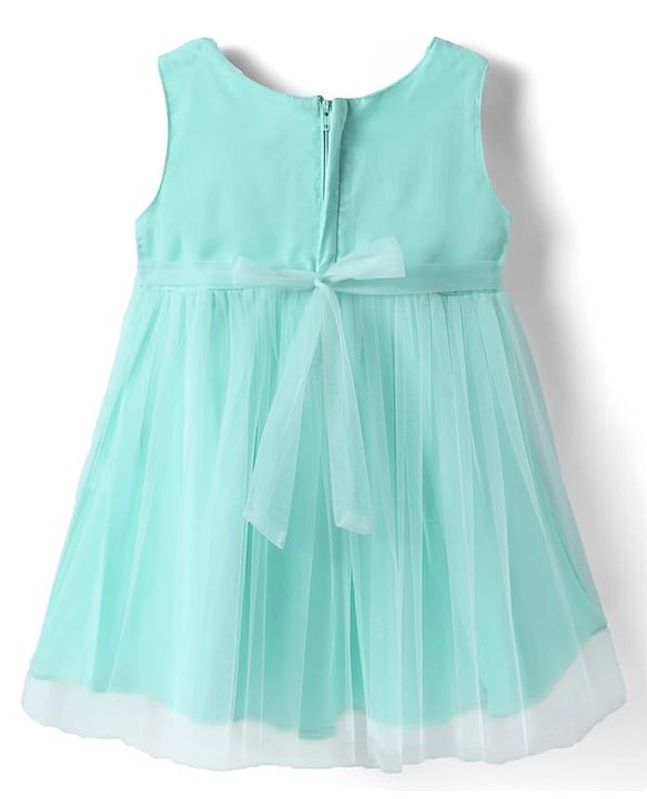 Babyhug Woven Sleeveless Mesh Party Dress With Glitter In Yoke & Bow Applique - Mint