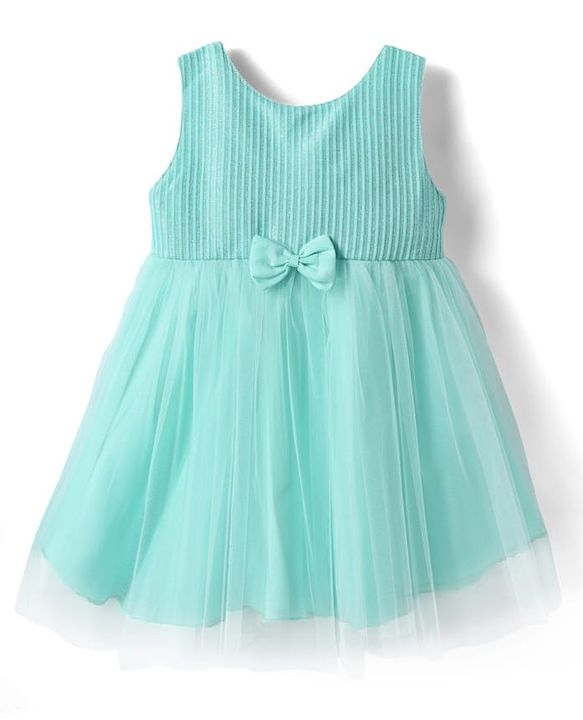 Babyhug Woven Sleeveless Mesh Party Dress With Glitter In Yoke & Bow Applique - Mint