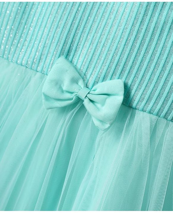 Babyhug Woven Sleeveless Mesh Party Dress With Glitter In Yoke & Bow Applique - Mint
