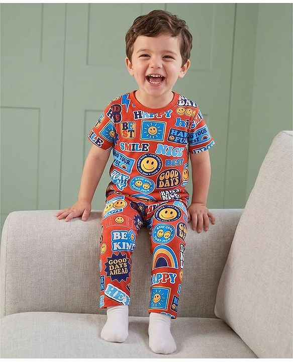 Babyhug Cotton Knit Half Sleeves Co-ords Night Suit With Text Print - Red