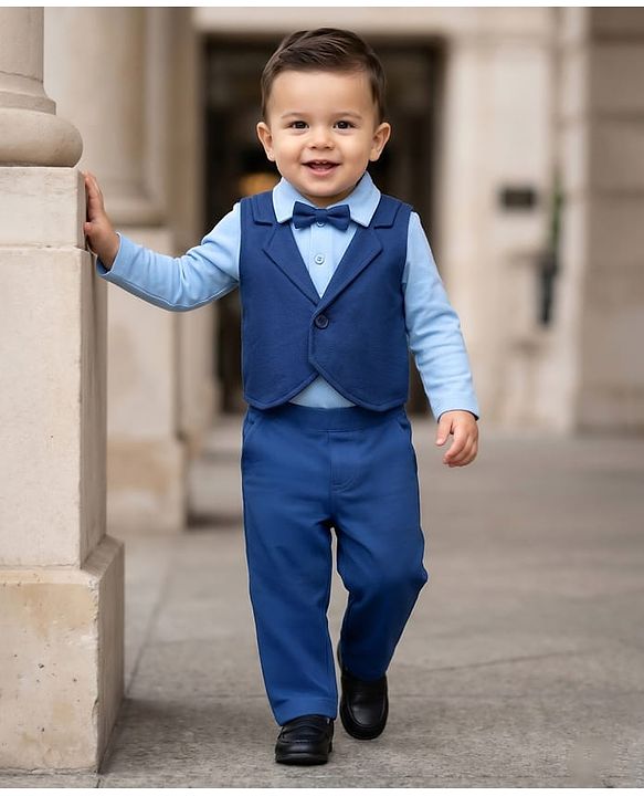 Babyhug Knit Full Sleeves Solid Color Shirt Attached Waistcoat & Trouser Set with Bow Applique - Navy Blue