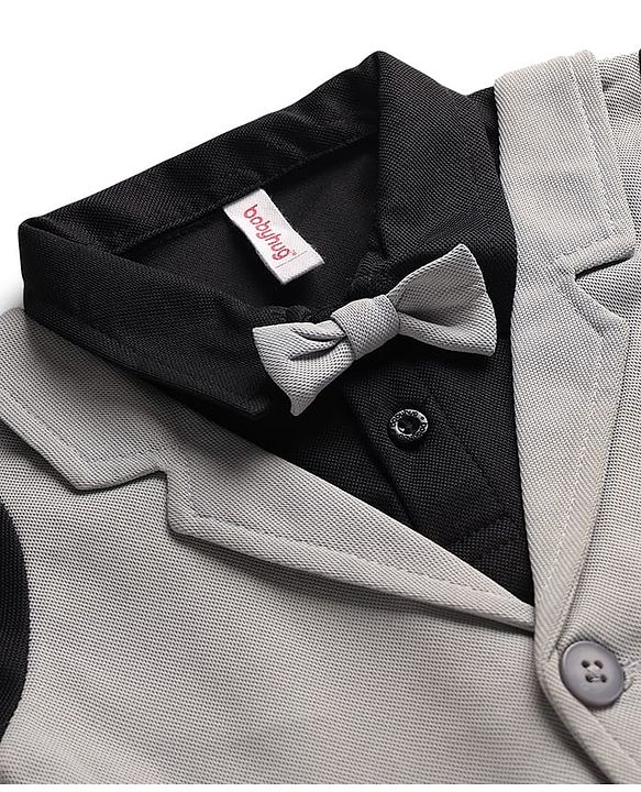 Babyhug Knit Full Sleeves Partywear Solid T-shirt & Pant Set with Attached Waistcoat & Bow Applique - Grey & Black