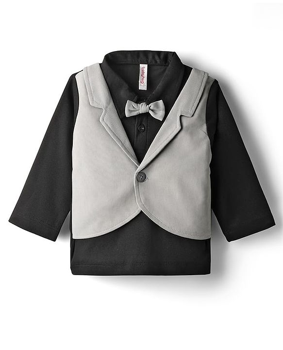 Babyhug Knit Full Sleeves Partywear Solid T-shirt & Pant Set with Attached Waistcoat & Bow Applique - Grey & Black
