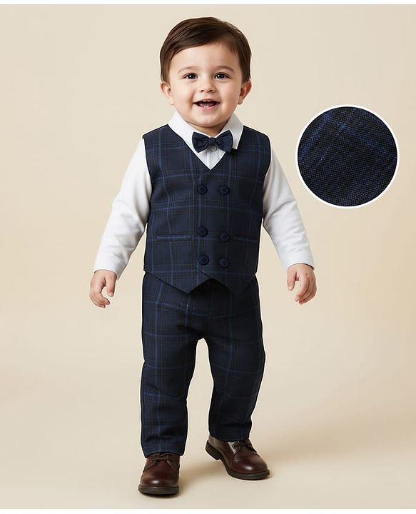 Babyhug Knit Full Sleeves Three Piece Party Suit with Checked Waistcoat & Bow Applique - White & Navy Blue