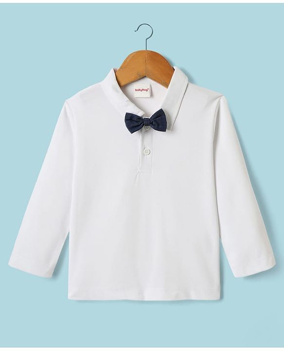 Babyhug Knit Full Sleeves Three Piece Party Suit with Checked Waistcoat & Bow Applique - White & Navy Blue