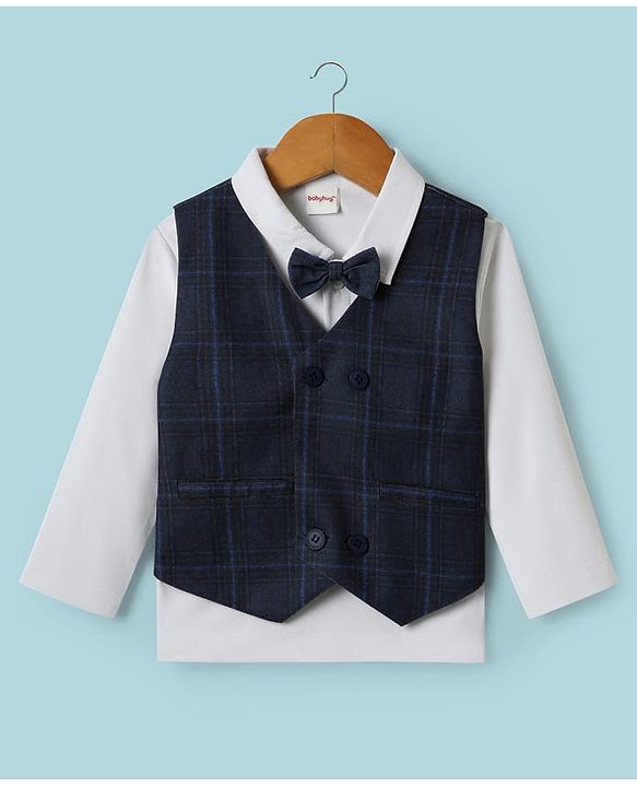 Babyhug Knit Full Sleeves Three Piece Party Suit with Checked Waistcoat & Bow Applique - White & Navy Blue