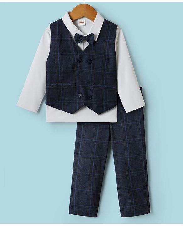 Babyhug Knit Full Sleeves Three Piece Party Suit with Checked Waistcoat & Bow Applique - White & Navy Blue