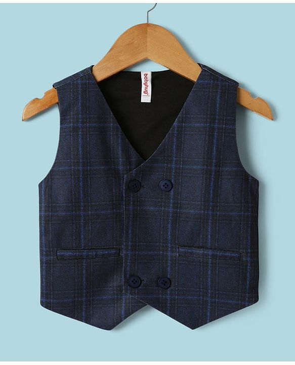Babyhug Knit Full Sleeves Three Piece Party Suit with Checked Waistcoat & Bow Applique - White & Navy Blue