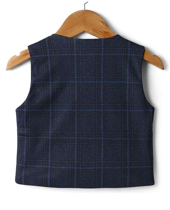 Babyhug Knit Full Sleeves Three Piece Party Suit with Checked Waistcoat & Bow Applique - White & Navy Blue