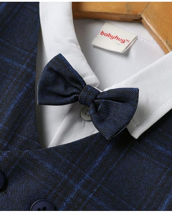 Babyhug Knit Full Sleeves Three Piece Party Suit with Checked Waistcoat & Bow Applique - White & Navy Blue