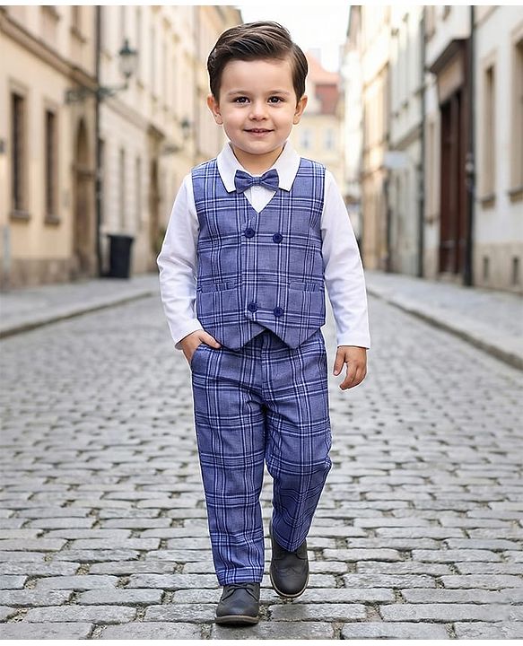 Babyhug Knit Full Sleeves Checks 3 Piece Party Suit With Bow Applique - Navy Blue & White