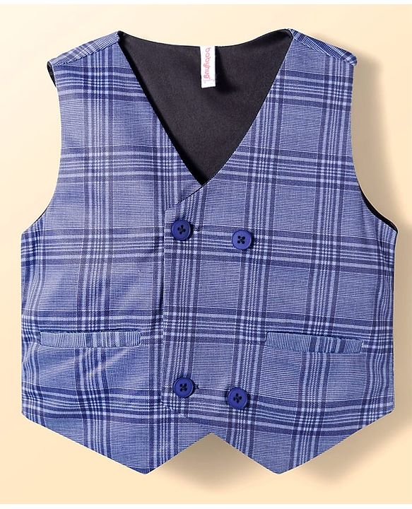 Babyhug Knit Full Sleeves Checks 3 Piece Party Suit With Bow Applique - Navy Blue & White