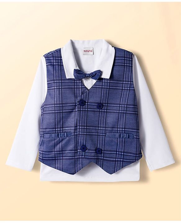 Babyhug Knit Full Sleeves Checks 3 Piece Party Suit With Bow Applique - Navy Blue & White
