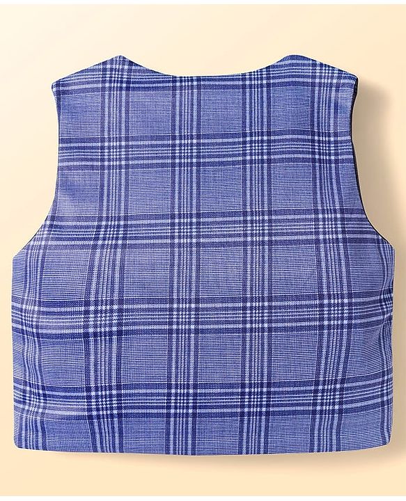 Babyhug Knit Full Sleeves Checks 3 Piece Party Suit With Bow Applique - Navy Blue & White