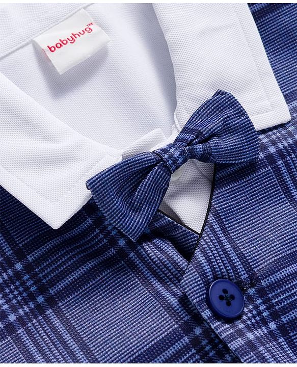 Babyhug Knit Full Sleeves Checks 3 Piece Party Suit With Bow Applique - Navy Blue & White
