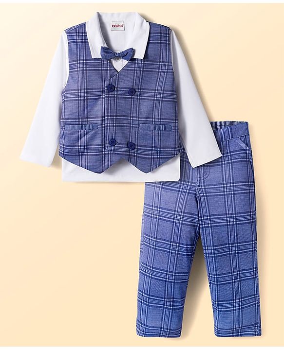 Babyhug Knit Full Sleeves Checks 3 Piece Party Suit With Bow Applique - Navy Blue & White