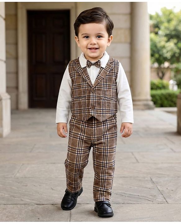 Babyhug Knit Full Sleeves Three Piece Party Suit Set with Checked Print & Bow Applique - Brown