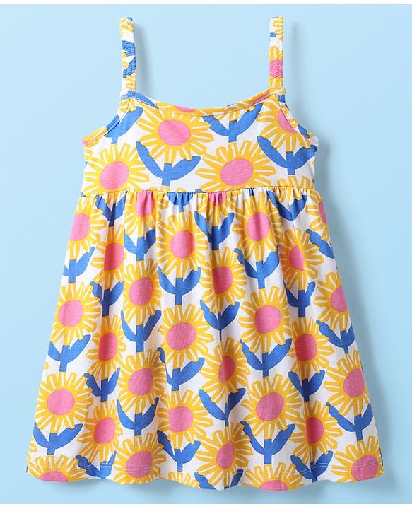 Babyhug Single Jersey Knit Sleeveless Frock With Floral Print & Bloomer - Yellow & White