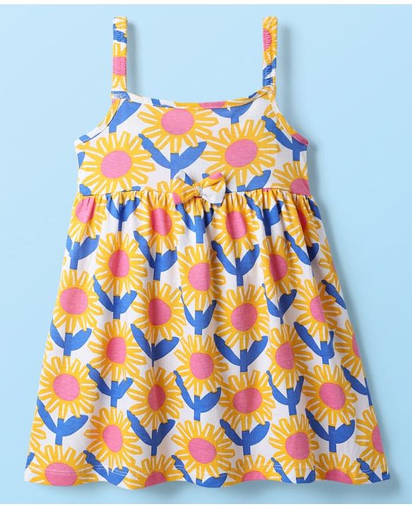 Babyhug Single Jersey Knit Sleeveless Frock With Floral Print & Bloomer - Yellow & White
