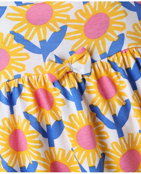 Babyhug Single Jersey Knit Sleeveless Frock With Floral Print & Bloomer - Yellow & White