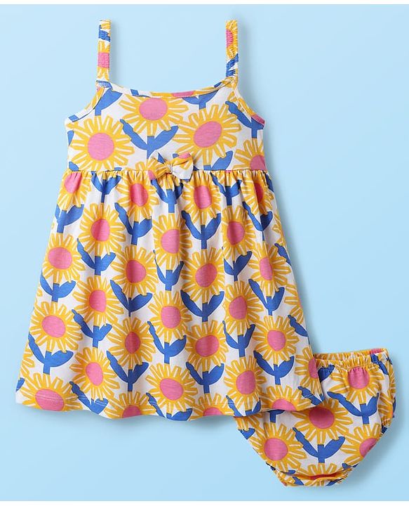 Babyhug Single Jersey Knit Sleeveless Frock With Floral Print & Bloomer - Yellow & White