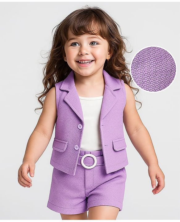 Babyhug Knit Sleeveless Solid Color Jacket and Inner T-Shirt with Shorts - Lilac