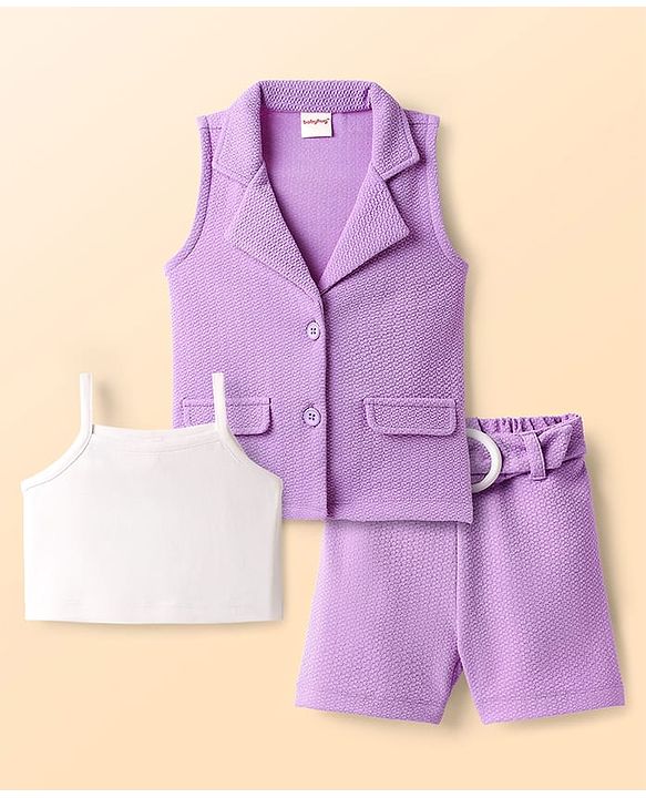 Babyhug Knit Sleeveless Solid Color Jacket and Inner T-Shirt with Shorts - Lilac