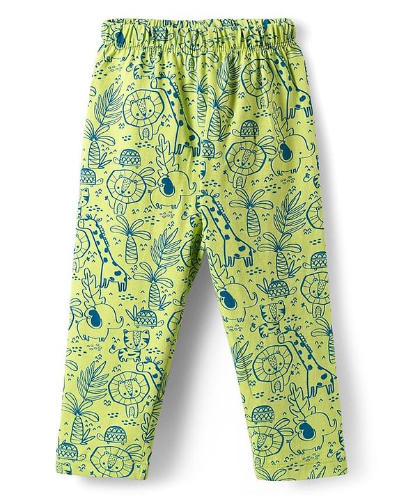 Babyhug Cotton Knit Half Sleeves Co-ord Night Suit with Animal Print - Green