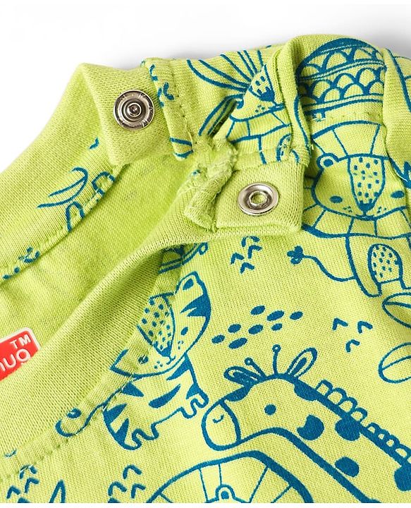 Babyhug Cotton Knit Half Sleeves Co-ord Night Suit with Animal Print - Green