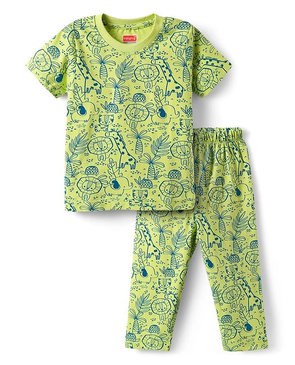 Babyhug Cotton Knit Half Sleeves Co-ord Night Suit with Animal Print - Green