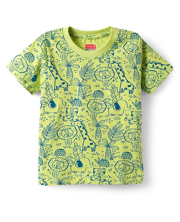 Babyhug Cotton Knit Half Sleeves Co-ord Night Suit with Animal Print - Green