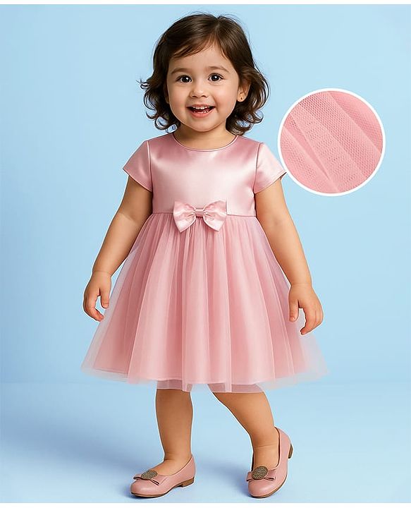 Babyhug Woven Cap Sleeves Solid Color Mesh Party Dress with Bow Applique - Pink