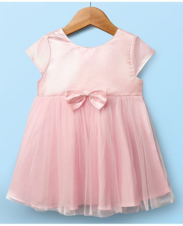 Babyhug Woven Cap Sleeves Solid Color Mesh Party Dress with Bow Applique - Pink