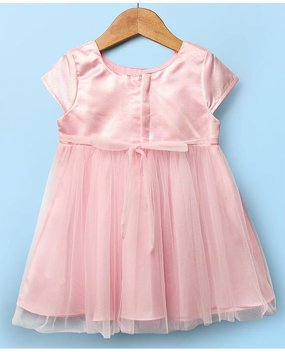 Babyhug Woven Cap Sleeves Solid Color Mesh Party Dress with Bow Applique - Pink