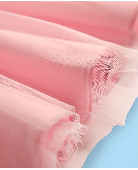 Babyhug Woven Cap Sleeves Solid Color Mesh Party Dress with Bow Applique - Pink