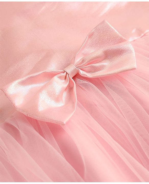 Babyhug Woven Cap Sleeves Solid Color Mesh Party Dress with Bow Applique - Pink