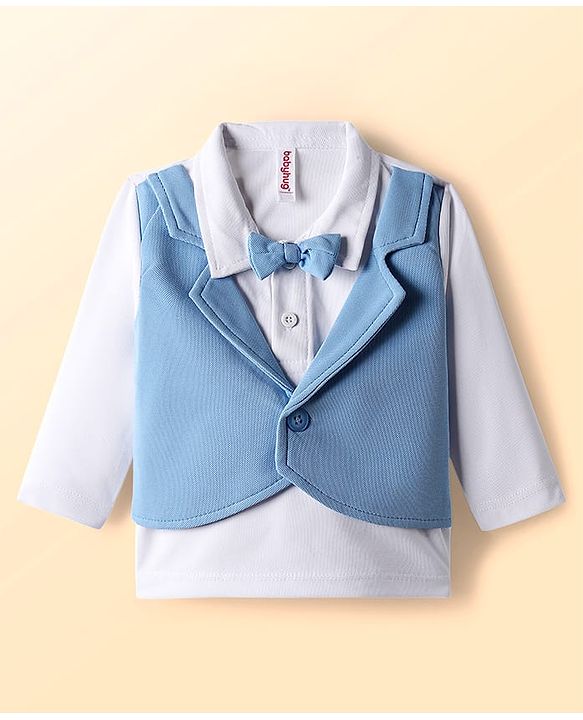 Babyhug Knit Full Sleeves Party Suit With Attached Waistcoat & Bow - Light Blue & White