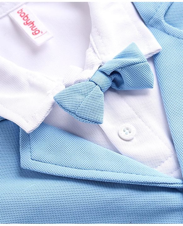 Babyhug Knit Full Sleeves Party Suit With Attached Waistcoat & Bow - Light Blue & White