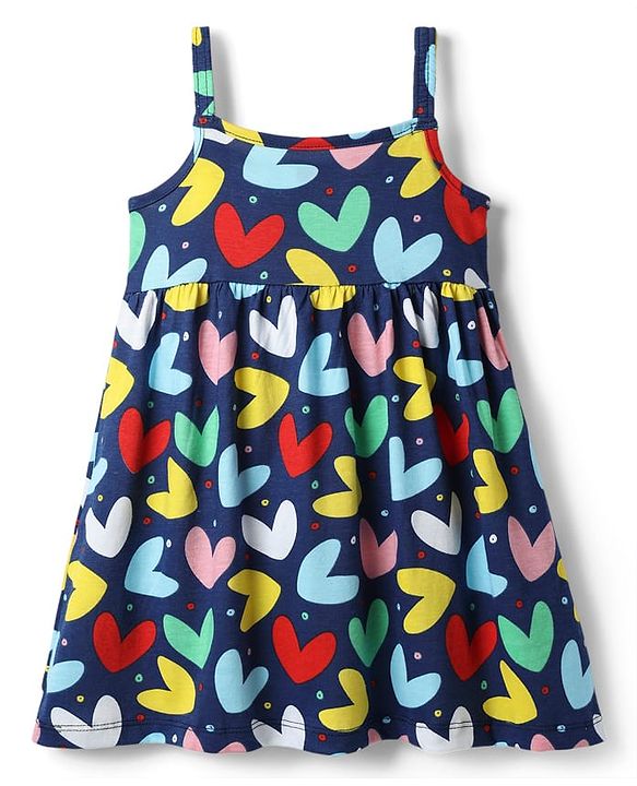 Babyhug Single Jersey Knit Sleeveless Frock With Heart Print & Bloomer - Navy Blue