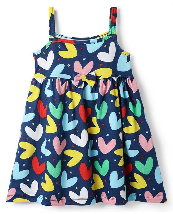 Babyhug Single Jersey Knit Sleeveless Frock With Heart Print & Bloomer - Navy Blue