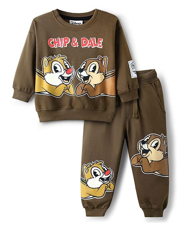 Babyhug Disney Terry Knit Full Sleeves Over Size Drop Shoulder T-Shirt & Lounge Pant With Chip & Dale Graphics - Brown