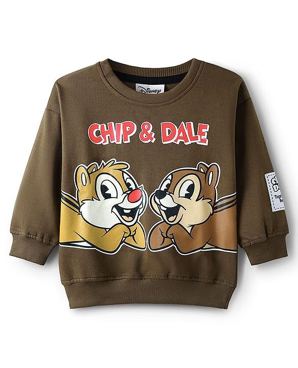 Babyhug Disney Terry Knit Full Sleeves Over Size Drop Shoulder T-Shirt & Lounge Pant With Chip & Dale Graphics - Brown