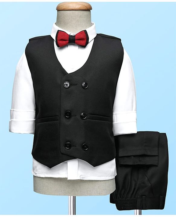 Babyhug Knit Full Sleeves Solid 3 Piece Party Suit With Bow - Black & White