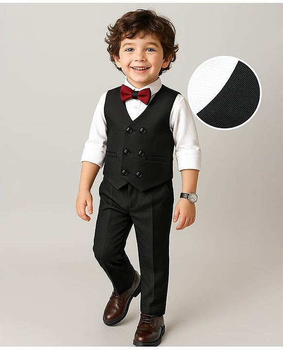 Babyhug Knit Full Sleeves Solid 3 Piece Party Suit With Bow - Black & White