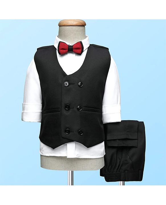 Babyhug Knit Full Sleeves Solid 3 Piece Party Suit With Bow - Black & White