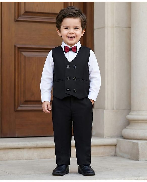 Babyhug Knit Full Sleeves Solid 3 Piece Party Suit With Bow - Black