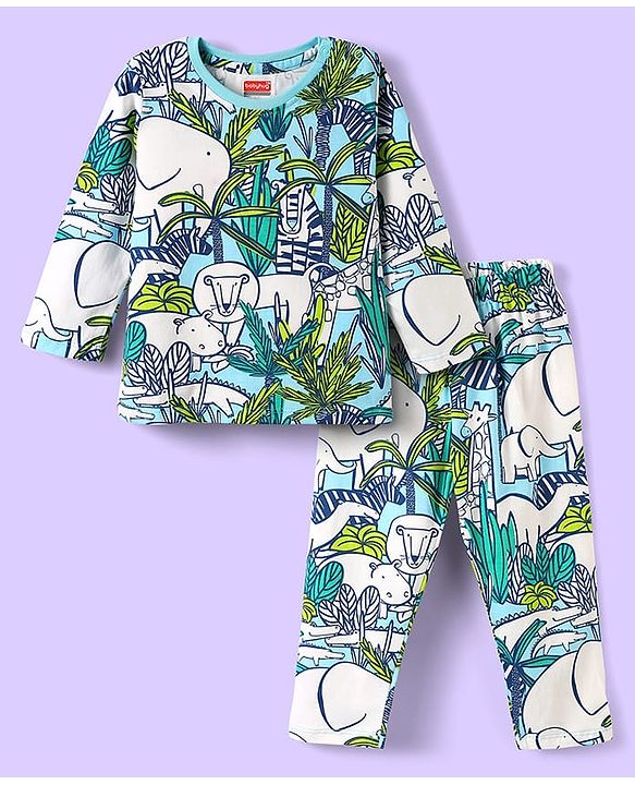 Babyhug Cotton Knit Full Sleeves Co-ord Night Suit with Animal Print - Light Blue & Green